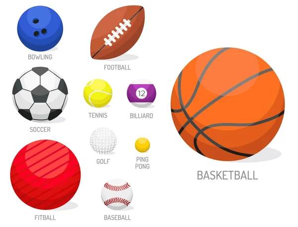Uppsättning av sport bollar samling turneringsvinst rund korg fotboll utrustning vektorillustration. — Stock vektor