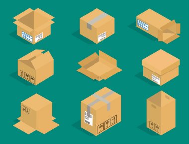 Farklı kutu vektör izometrik simgeler izole paketi taşımak hizmet veya hediye konteyner ambalaj illüstrasyon