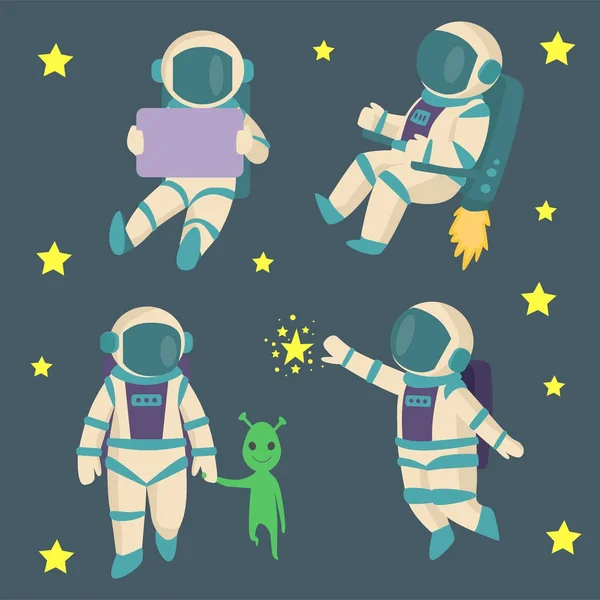 Vector astronauts in space, working character and having fun spaceman galaxy atmosphere system fantasy traveler man. — Stock Vector