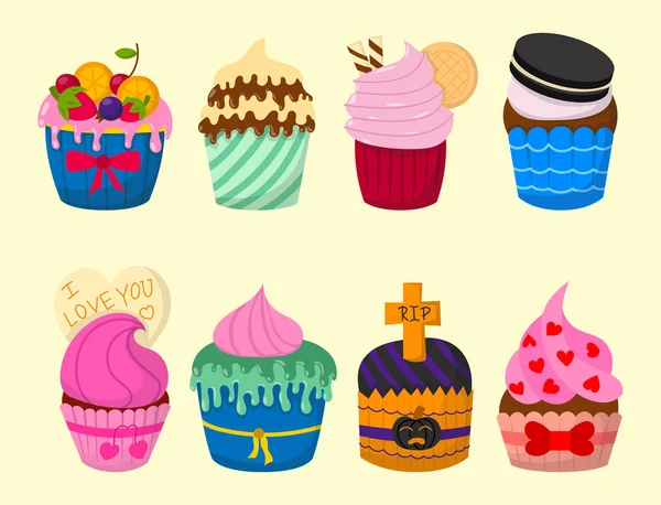 Set of cute vector cupcakes and muffins chocolate celebration birthday food sweet bakery party cute sprinkles decoration. — Stock Vector