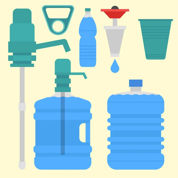 Woda dostawy wektor elementów napój niebieski pojemnik z tworzywa sztucznego butelka usług biznesowych. — Wektor stockowy