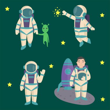 Vektör çalışma karakteri ve having fun astronotlar uzayda uzay adamı gökada atmosfer sistem fantezi seyahat adam.