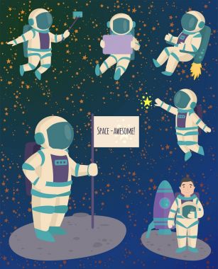 Vektör çalışma karakteri ve having fun astronotlar uzayda uzay adamı gökada atmosfer sistem fantezi seyahat adam.