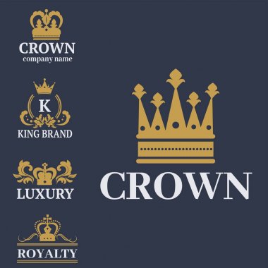 Taç Kral vintage premium beyaz rozet hanedan süsleme lüks kingdomsign vektör çizim.