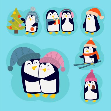 Penguen Noel vektör çizim karakter karikatür komik şirin hayvan Antarktika kutup Gaga kutup kış kuş.