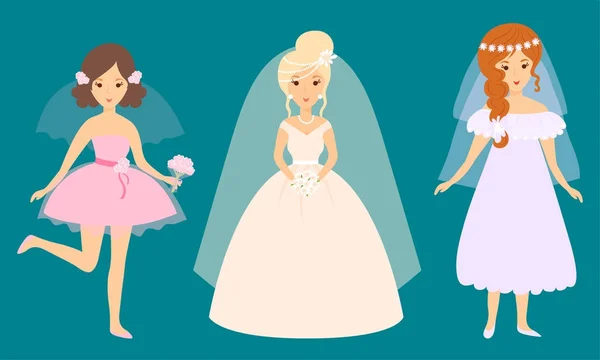 Свадебные невесты персонажи векторные иллюстрации празднование свадьбы мода женщина мультфильм девушка белое платье церемонии — стоковый вектор