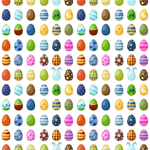 Oeufs de Pâques peints avec fond de motif sans couture printemps multi coloré bio nourriture vacances jeu vectoriel illustration . — Image vectorielle