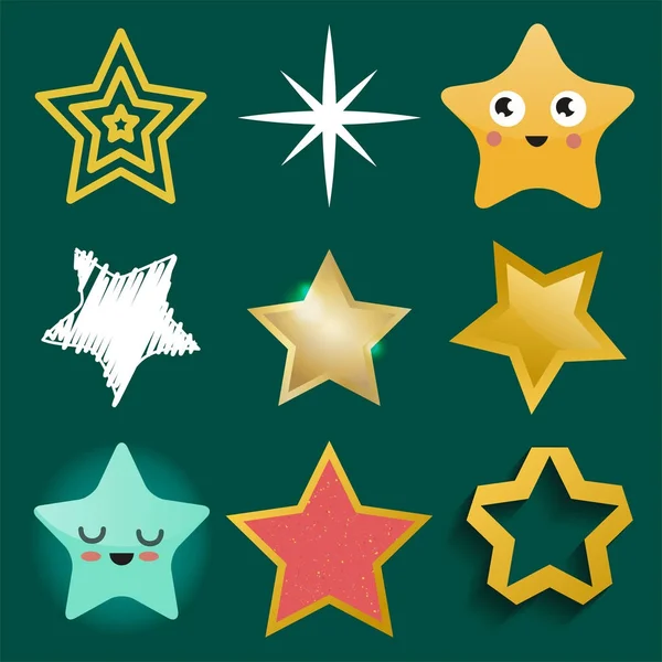 Iconos de estrellas brillantes en diverso estilo puntiagudo pentagonal oro premio diseño abstracto doodle noche símbolo artístico vector ilustración . — Vector de stock