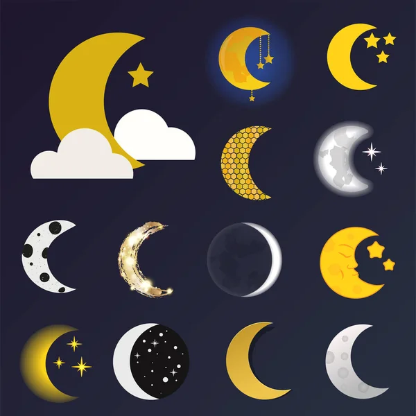 Different moon nature cosmos cycle satellite surface whole cycle from new star vector illustration.