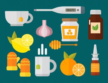 Grip ve soğuk temalı tasarım öğeleri modern düz tasarım sağlık tıbbi hastalık vektör