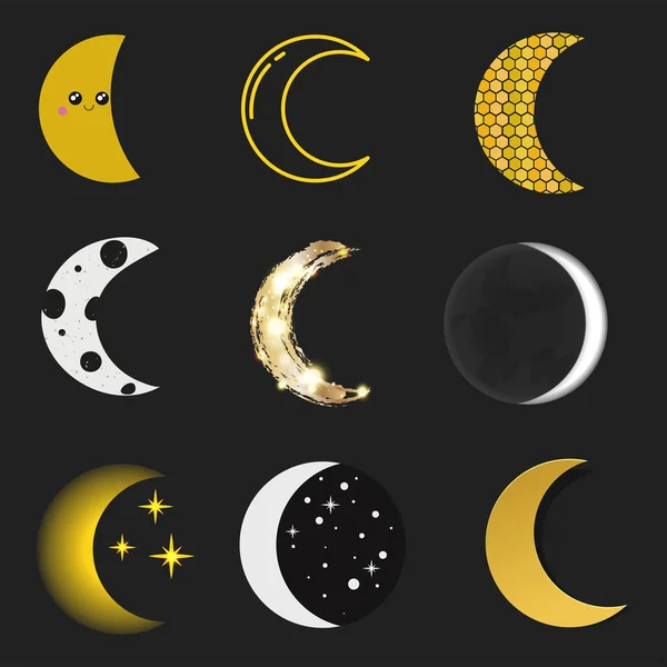 Diferentes luna naturaleza cosmos ciclo satélite superficie ciclo entero de la nueva ilustración vectorial estrella . — Vector de stock