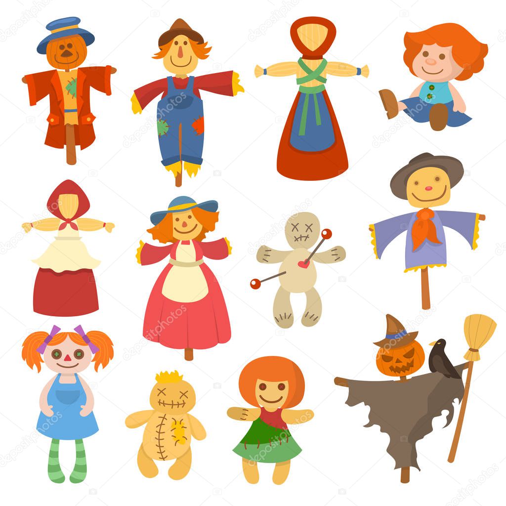 Different garden dolls toy character game dress and farm scarecrow rag-doll vector illustration