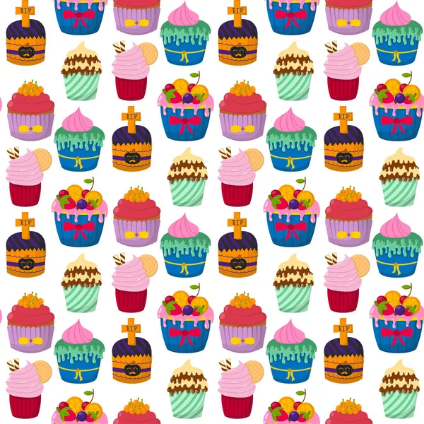 Carino vettore cupcakes e muffin cioccolato senza soluzione di continuità modello fondo celebrazione compleanno cibo dolce panetteria partito carino spruzza decorazione . — Vettoriale Stock