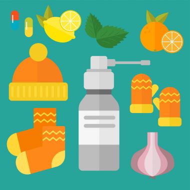 Grip ve soğuk temalı tasarım öğeleri modern düz tasarım sağlık tıbbi hastalık vektör