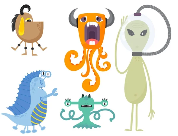 Śmieszne kreskówka potwór cute znaków obcych stworzenie szczęśliwy wektor diabeł kolorowe wektor zwierzę. — Wektor stockowy