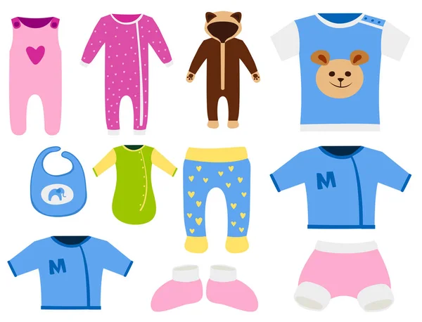 Baby kläder ikonen scenografi textil casual tyg färgglada klänning barn plagg slitage vektorillustration. — Stock vektor