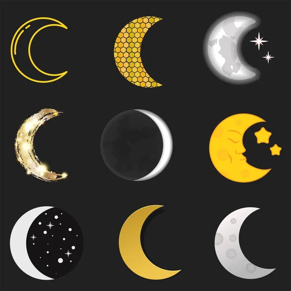 Diferentes luna naturaleza cosmos ciclo satélite superficie ciclo entero de la nueva ilustración vectorial estrella . — Vector de stock