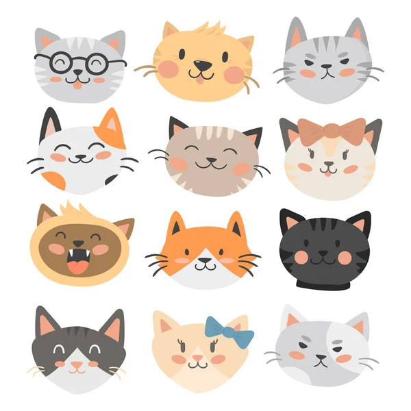 Gatos cabezas vector ilustración lindo animal divertido decorativo personajes felino doméstico de moda mascota dibujado — Vector de stock