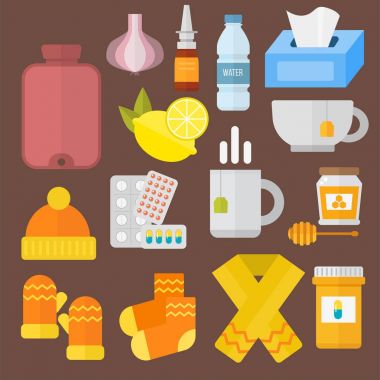 Grip ve soğuk temalı tasarım öğeleri modern düz tasarım sağlık tıbbi hastalık vektör