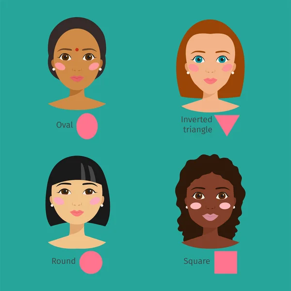 Başka kadın yüz türleri vektör çizim karakter şekilleri kız makyaj seti — Stok Vektör