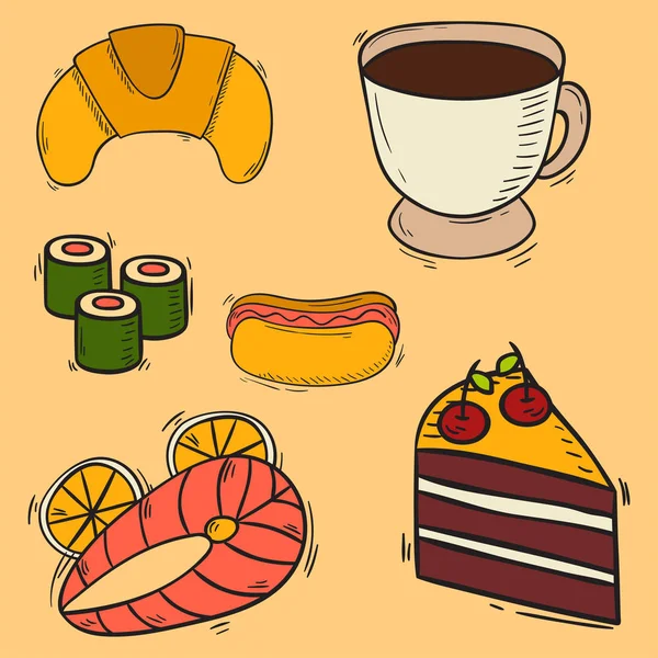 Icone vettoriali dolce fast food disegnato a mano ristorante colazione torta design cucina malsano dessert — Vettoriale Stock