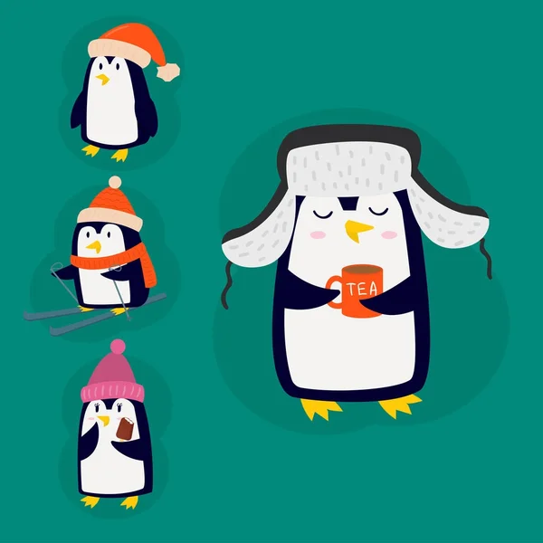 Tučňák vánoční vektorové ilustrace charakter kreslené vtipné roztomilé zvířecí Antarktida polární zobák pól zimní pták. — Stockový vektor