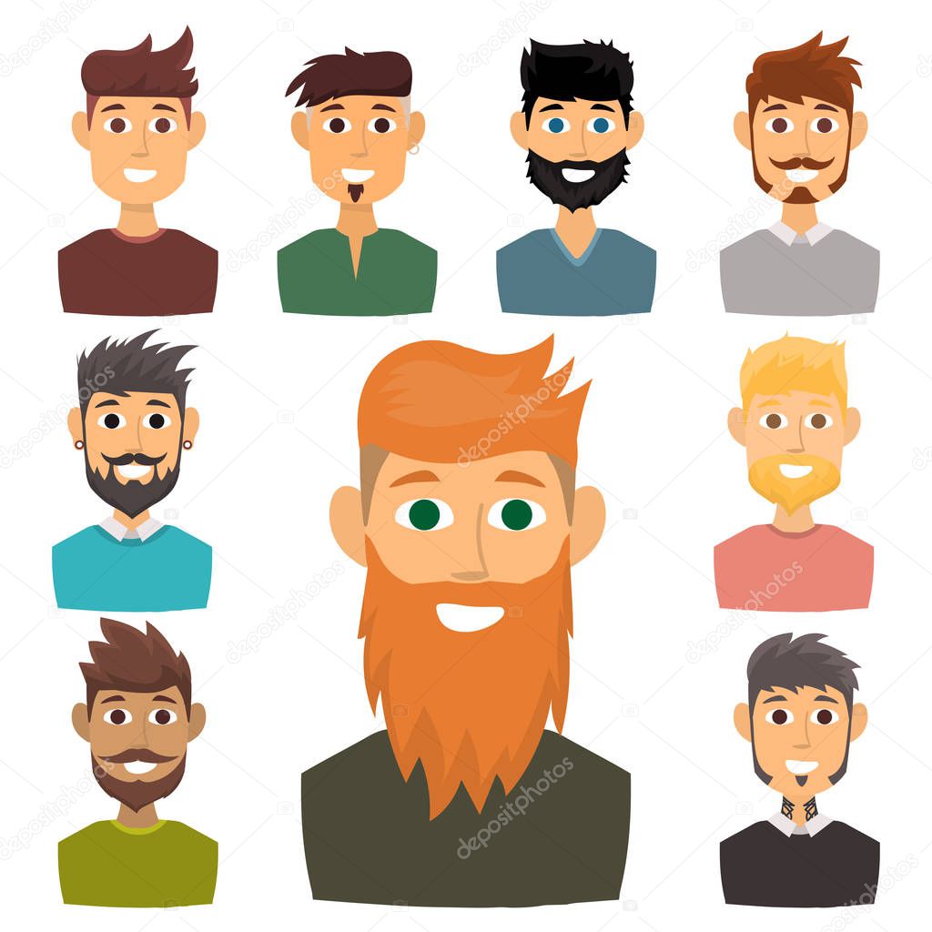 Character of various expressions bearded man face avatar and fashion hipster hairstyle head person with mustache vector illustration.
