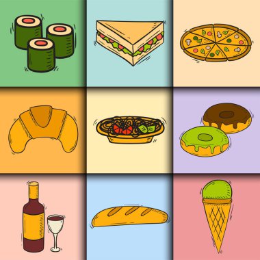 Vektör simgeler tatlı lokanta el çekilmiş Restoran kahvaltı pasta tasarım mutfak sağlıksız tatlı