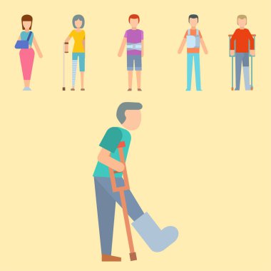 Travma kaza kırık insan vücudu Emanet vektör insanlar siluet karikatür düz stil çizim.