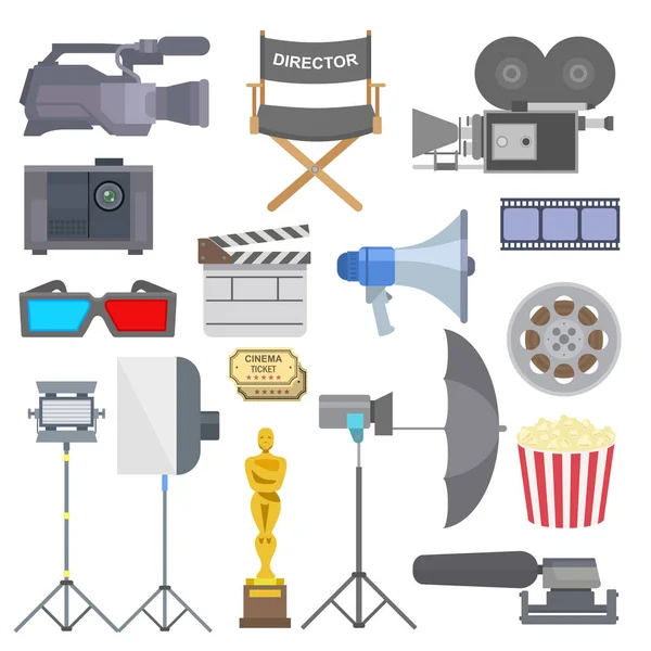 Cine película haciendo tv show herramientas equipo símbolos iconos vector conjunto ilustración . — Vector de stock