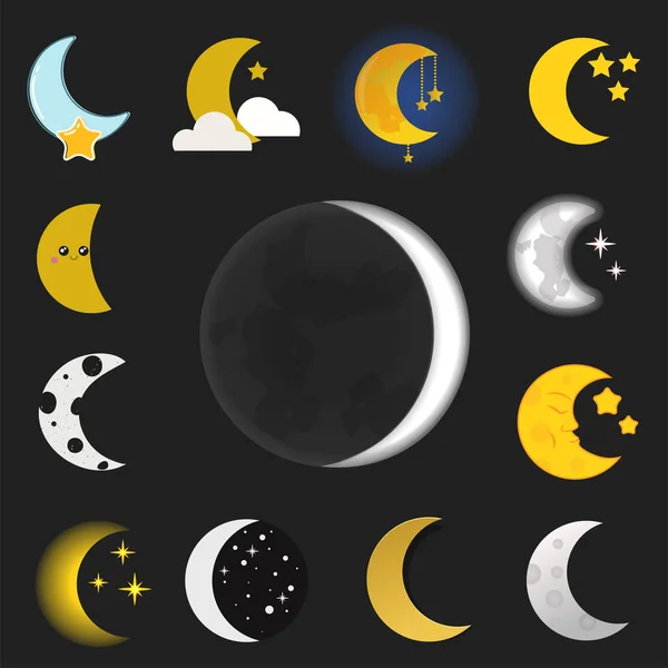 Verschiedene Mond Natur Kosmos Zyklus Satellitenoberfläche gesamten Zyklus von neuen Sternvektor Illustration. — Stockvektor