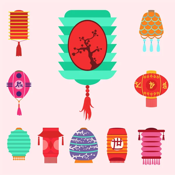 Lanterne chinoise collection vectoriel set papier vacances célébrer graphique chinois célébration signe — Image vectorielle