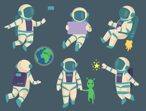 Vetor astronautas no espaço, personagem de trabalho e se divertindo astronautas galáxia atmosfera sistema fantasia viajante homem . —  Vetores de Stock