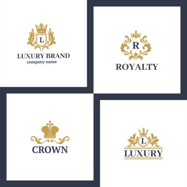 Taç Kral vintage premium beyaz rozet hanedan süsleme lüks kingdomsign vektör çizim.