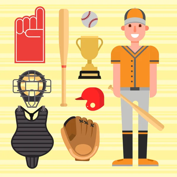 Cartoon honkbal speler pictogrammen batting vector design Amerikaans spel atleet-sportuitrusting league — Stockvector