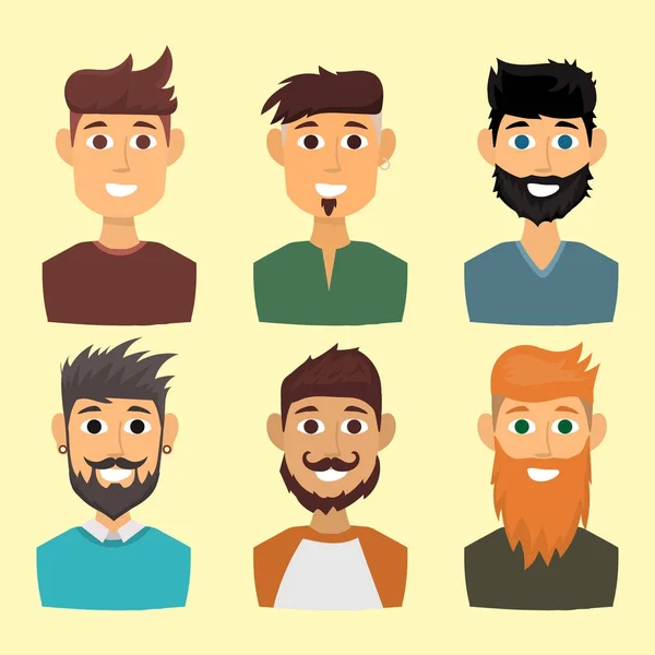 A különböző kifejezések karakter szakállas ember arca avatar és divat csípő frizura fej ember bajusz vektoros illusztráció. — Stock Vector