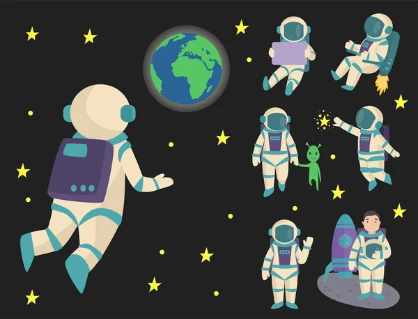Astronautas vectores en el espacio, personaje de trabajo y divertirse astronauta galaxia atmósfera sistema de fantasía viajero hombre . — Vector de stock