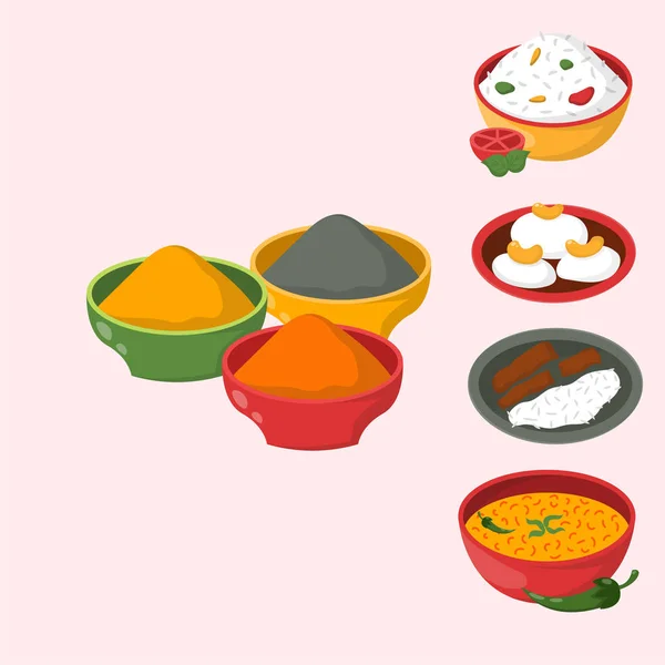 Indisches Huhn jalfrezi mit Reis und Gemüse-Curry verschiedene Gewürze Huhn Restaurant gesunde Küche Lebensmittel Vektorillustration. — Stockvektor