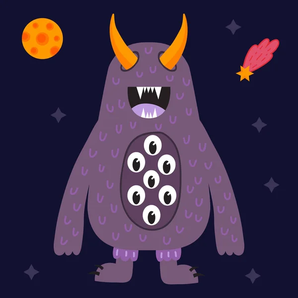 Rolig tecknad monster söt främmande karaktär varelse glad illustration devil färgglada djur vektor. — Stock vektor