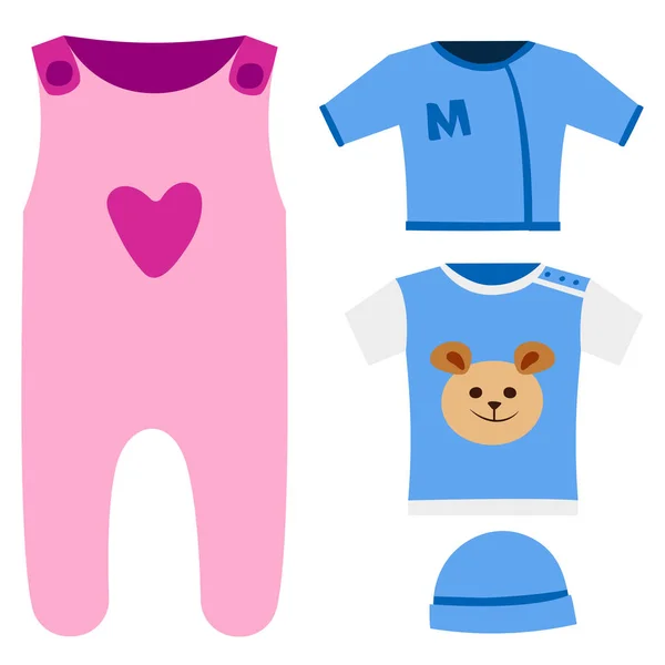 Vettoriale bambino vestiti icona set design tessile casual tessuto colorato vestito bambino indumento usura illustrazione . — Vettoriale Stock