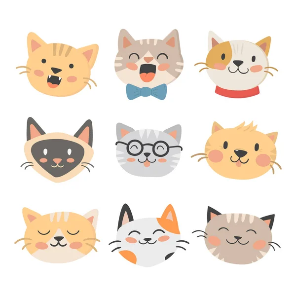 Gatos cabezas vector ilustración lindo animal divertido decorativo personajes felino doméstico de moda mascota dibujado — Vector de stock