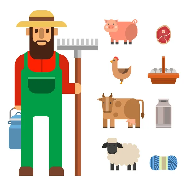 Ilustracja wektorowa rolnik charakter człowieka rolnictwo osoba zawód wiejskiej ogrodnik zwierząt gospodarskich. — Wektor stockowy