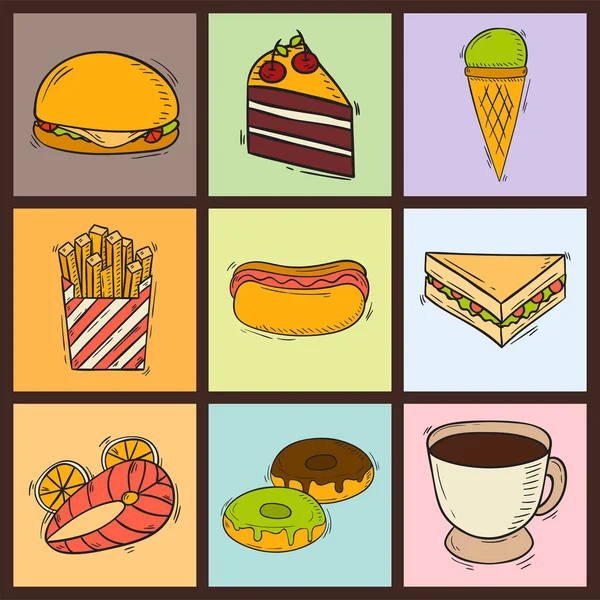 Vektorové ikony sladká rychlého občerstvení rukou nakreslené restauraci snídani dort design kuchyně nezdravý zákusek — Stockový vektor