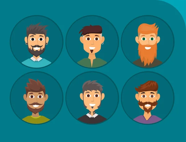 A különböző kifejezések karakter szakállas ember arca avatar és divat csípő frizura fej ember bajusz vektoros illusztráció. — Stock Vector