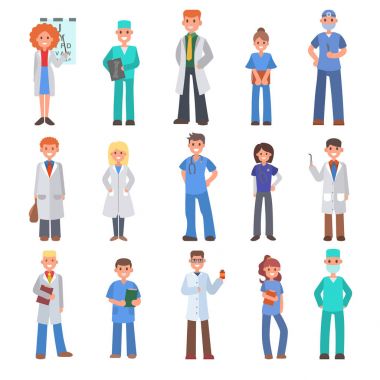 Hastane karakter vektör çizim insanlar farklı doktorlar insanlar meslek İhtisas hemşire ve sağlık personeli
