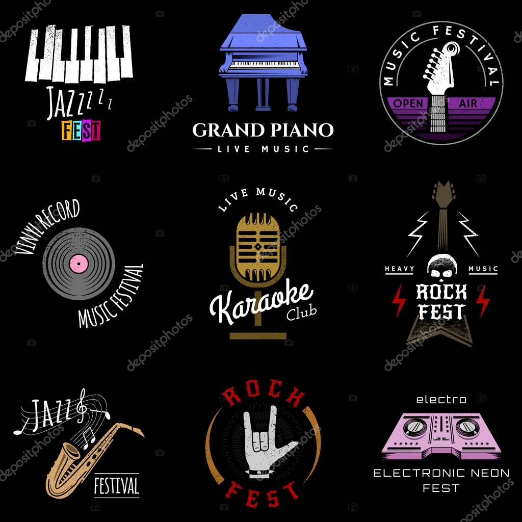 Music festival badge logo lettering made recording studio labels hipster style vintage musical element sound production logotype vector illustration. Grunge punk jazz musician sticker.