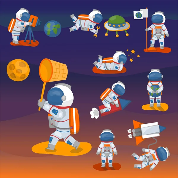 Astronautas vectores en el espacio, personaje de trabajo y divertirse astronauta galaxia atmósfera sistema de fantasía viajero hombre . — Vector de stock