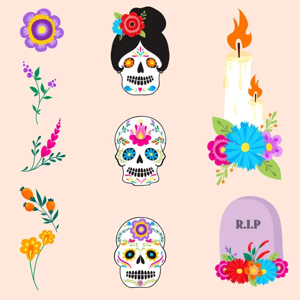 Coloridos símbolos Dia De Los muertos día de fiesta del vector muerto . — Vector de stock