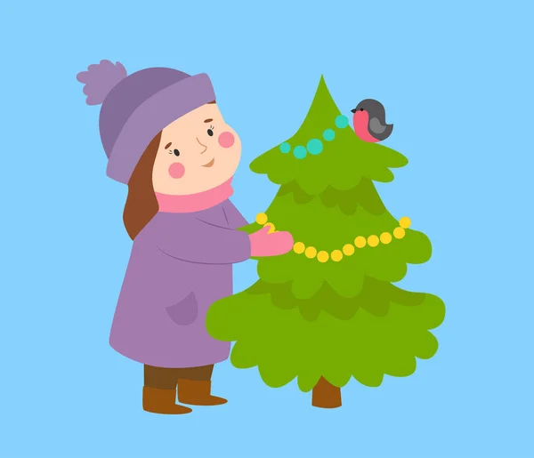 Chica y árbol de Navidad vector banner formato web celebrar Navidad niño invierno deporte nieve invierno Navidad cartel tarjeta de felicitación . — Vector de stock