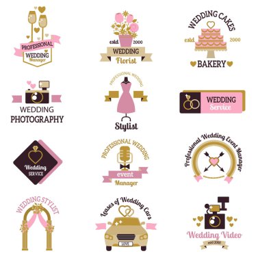 Düğün fotoğraf veya olay ajansı logo rozet kamera fotoğrafçı vintage şablon vektör çizim.